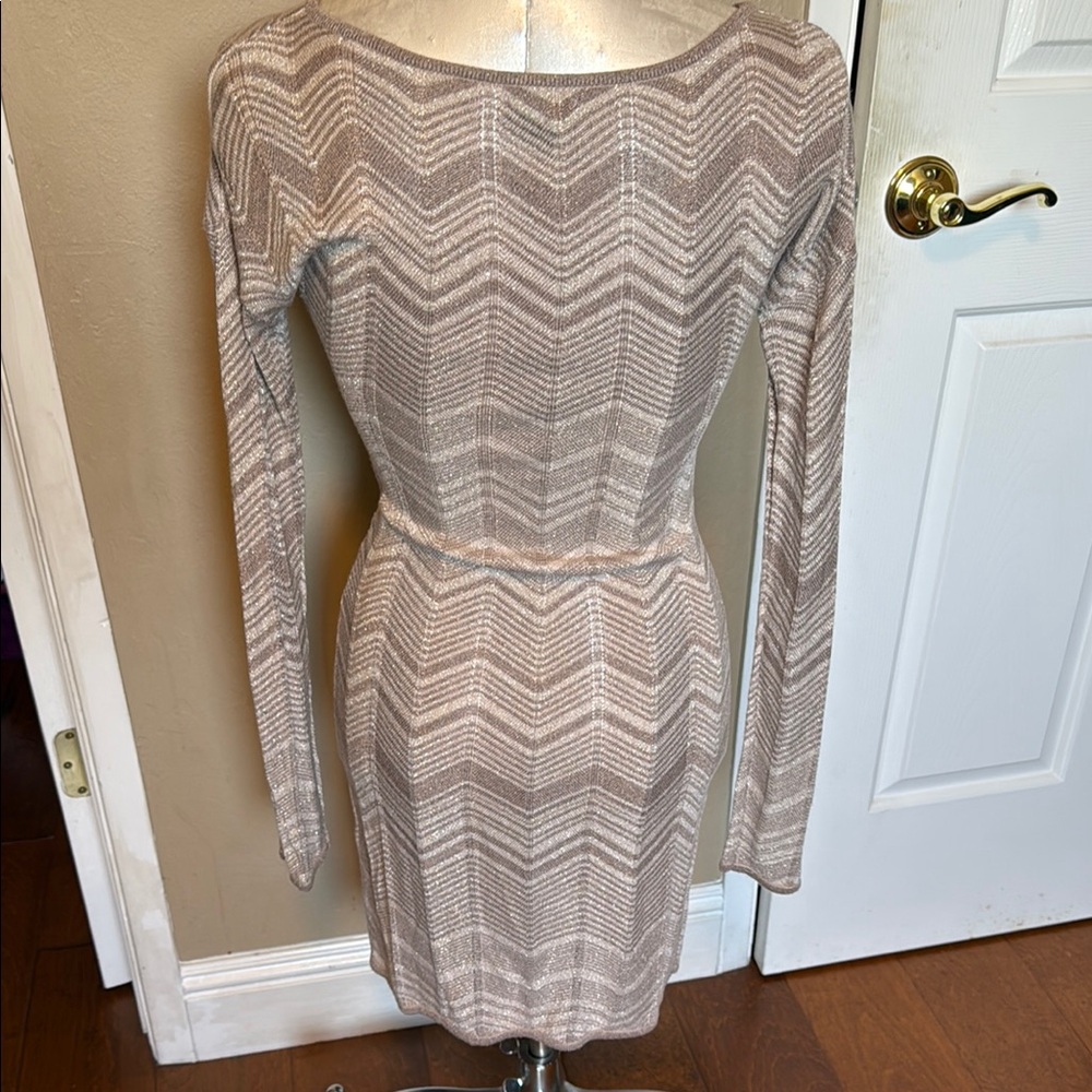Express Chevron Metallic Knit Bodycon Dress Tan Cream Silver XS Party Night Out - Picture 5 of 14